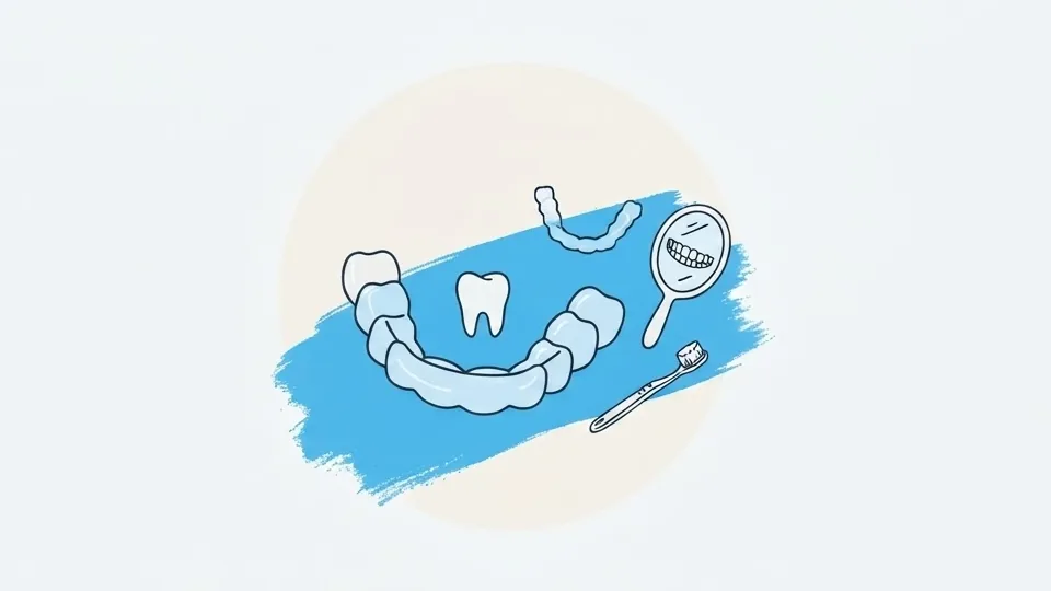 Illustrazione di allineatori trasparenti, specchietto e spazzolino